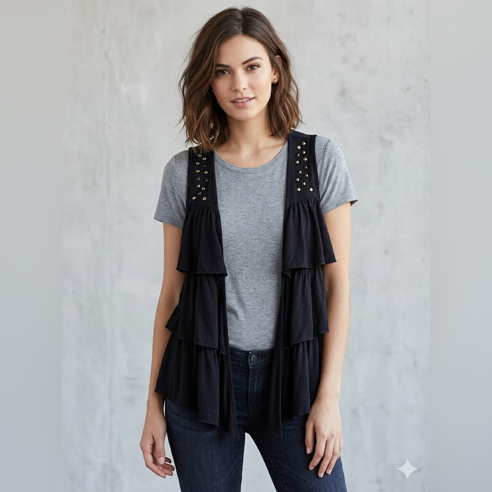 2 for $21 Suzy Shier Black Ruffled Tiered Vest with Stud Accents